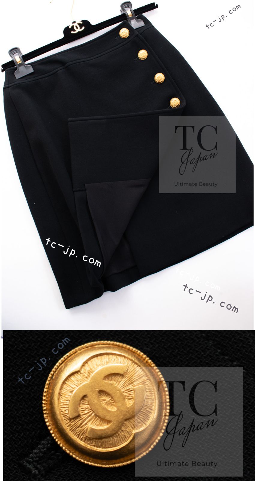 CHANEL 96A Vintage Black Wool 100 Gold CC Logo Buttons Military Jacket Skirt Suit 36 シャネル ヴィンテージ ブラック ウール 100% ゴールド CC ロゴ ボタン ミリタリー ジャケット スカート スーツ 即発