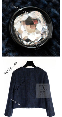 CHANEL 21B Black Navy CC Crystal Buttons Wool Tweed Jacket 36 シャネル ブラック ネイビー 紺 クリスタル CC ロゴ ボタン ウール ツイード ジャケット 即発