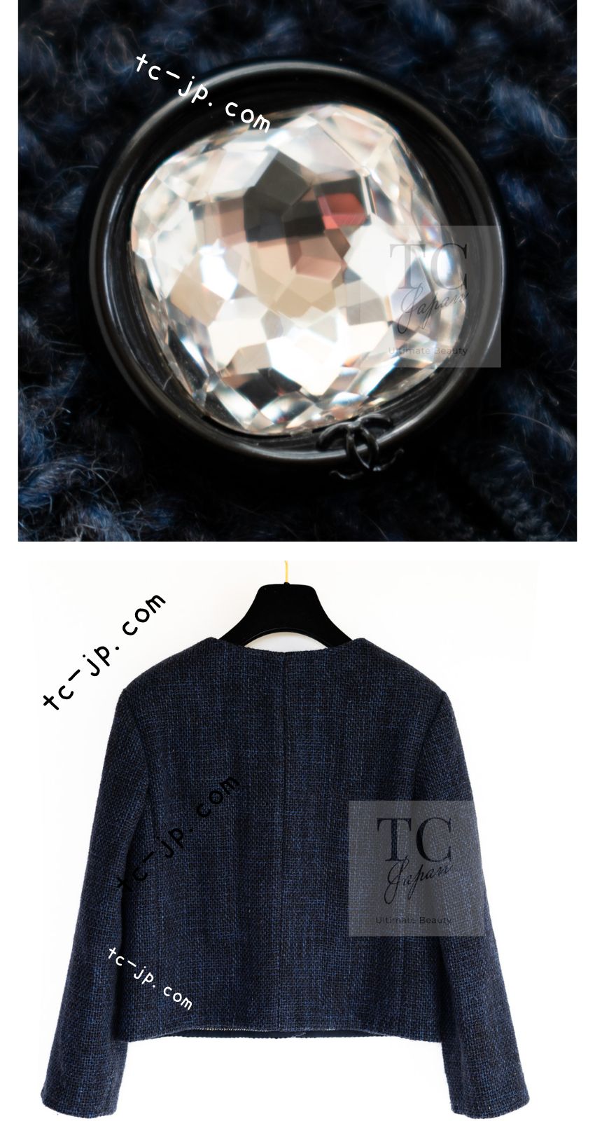 CHANEL 21B Black Navy CC Crystal Buttons Wool Tweed Jacket 36 シャネル ブラック ネイビー 紺 クリスタル CC ロゴ ボタン ウール ツイード ジャケット 即発