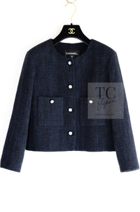 CHANEL 21B Black Navy CC Crystal Buttons Wool Tweed Jacket 36 シャネル ブラック ネイビー 紺 クリスタル CC ロゴ ボタン ウール ツイード ジャケット 即発