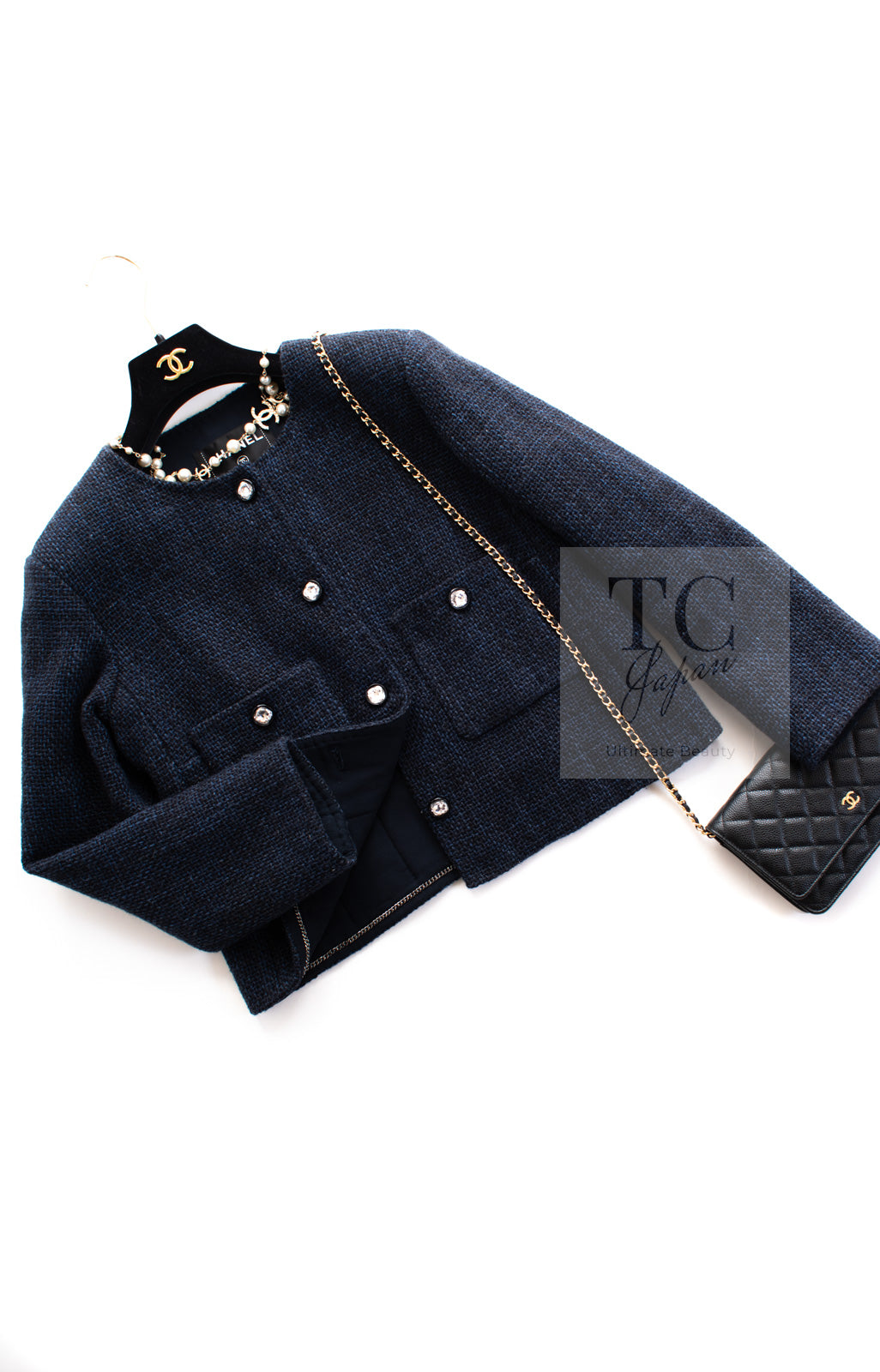 CHANEL 21B Black Navy CC Crystal Buttons Wool Tweed Jacket 36 シャネル ブラック ネイビー 紺 クリスタル CC ロゴ ボタン ウール ツイード ジャケット 即発