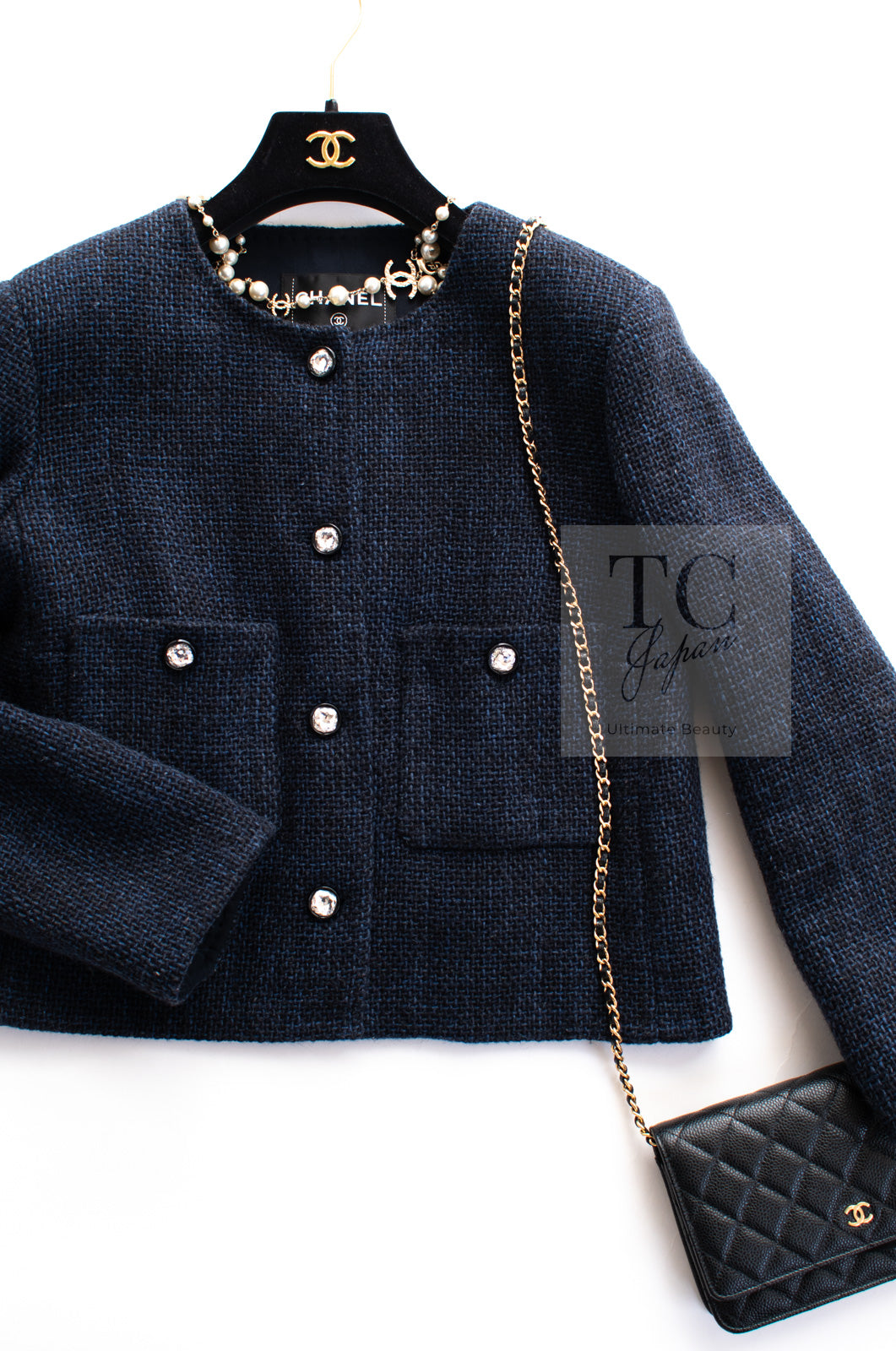 CHANEL 21B Black Navy CC Crystal Buttons Wool Tweed Jacket 36 シャネル ブラック ネイビー 紺 クリスタル CC ロゴ ボタン ウール ツイード ジャケット 即発