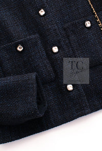 CHANEL 21B Black Navy CC Crystal Buttons Wool Tweed Jacket 36 シャネル ブラック ネイビー 紺 クリスタル CC ロゴ ボタン ウール ツイード ジャケット 即発