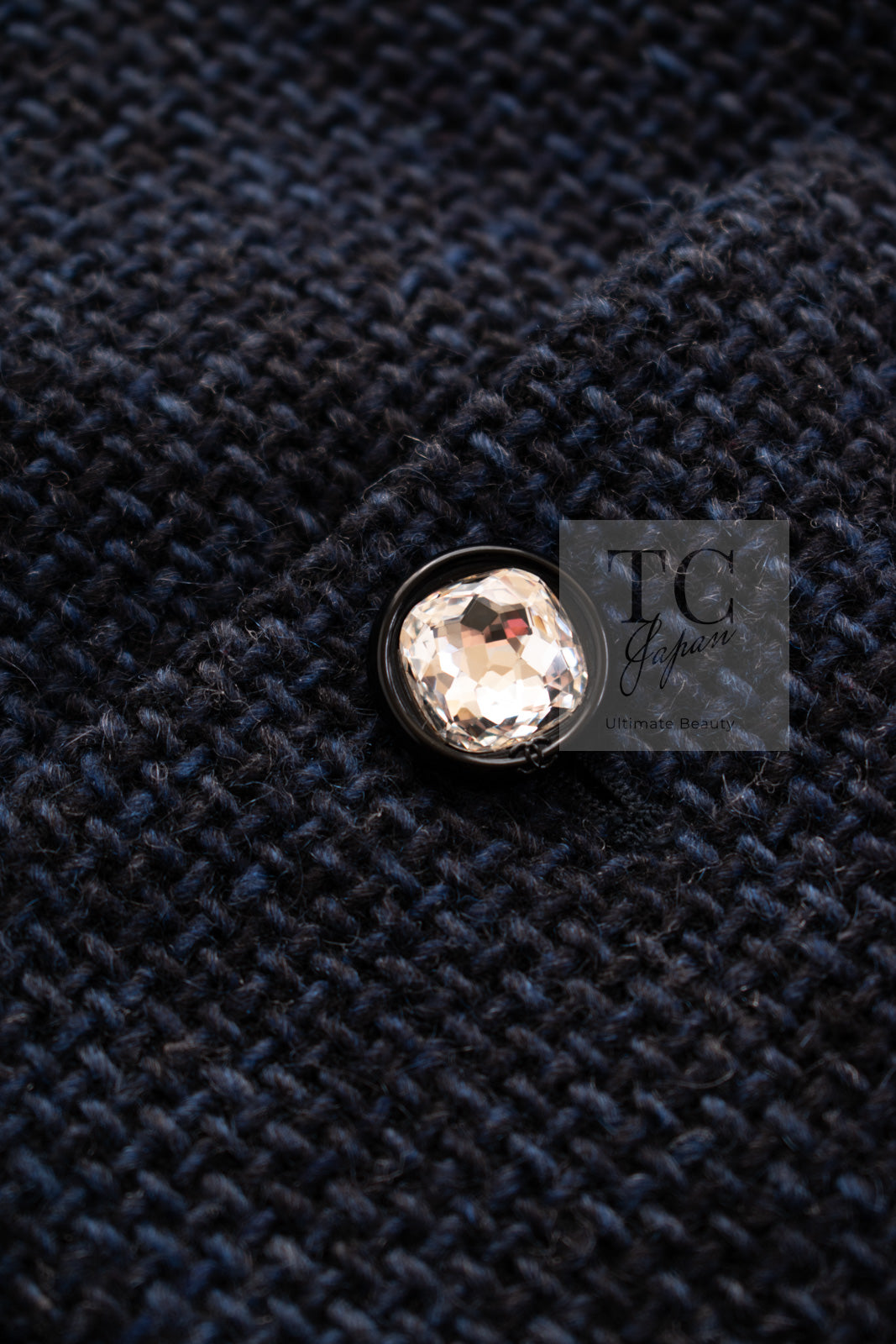 CHANEL 21B Black Navy CC Crystal Buttons Wool Tweed Jacket 36 シャネル ブラック ネイビー 紺 クリスタル CC ロゴ ボタン ウール ツイード ジャケット 即発