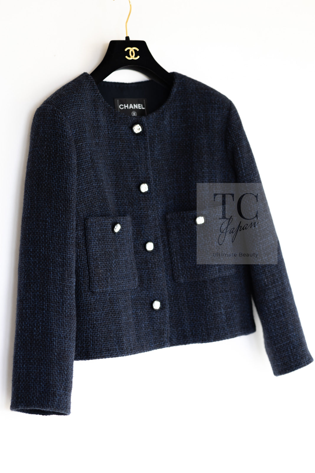CHANEL 21B Black Navy CC Crystal Buttons Wool Tweed Jacket 36 シャネル ブラック ネイビー 紺 クリスタル CC ロゴ ボタン ウール ツイード ジャケット 即発