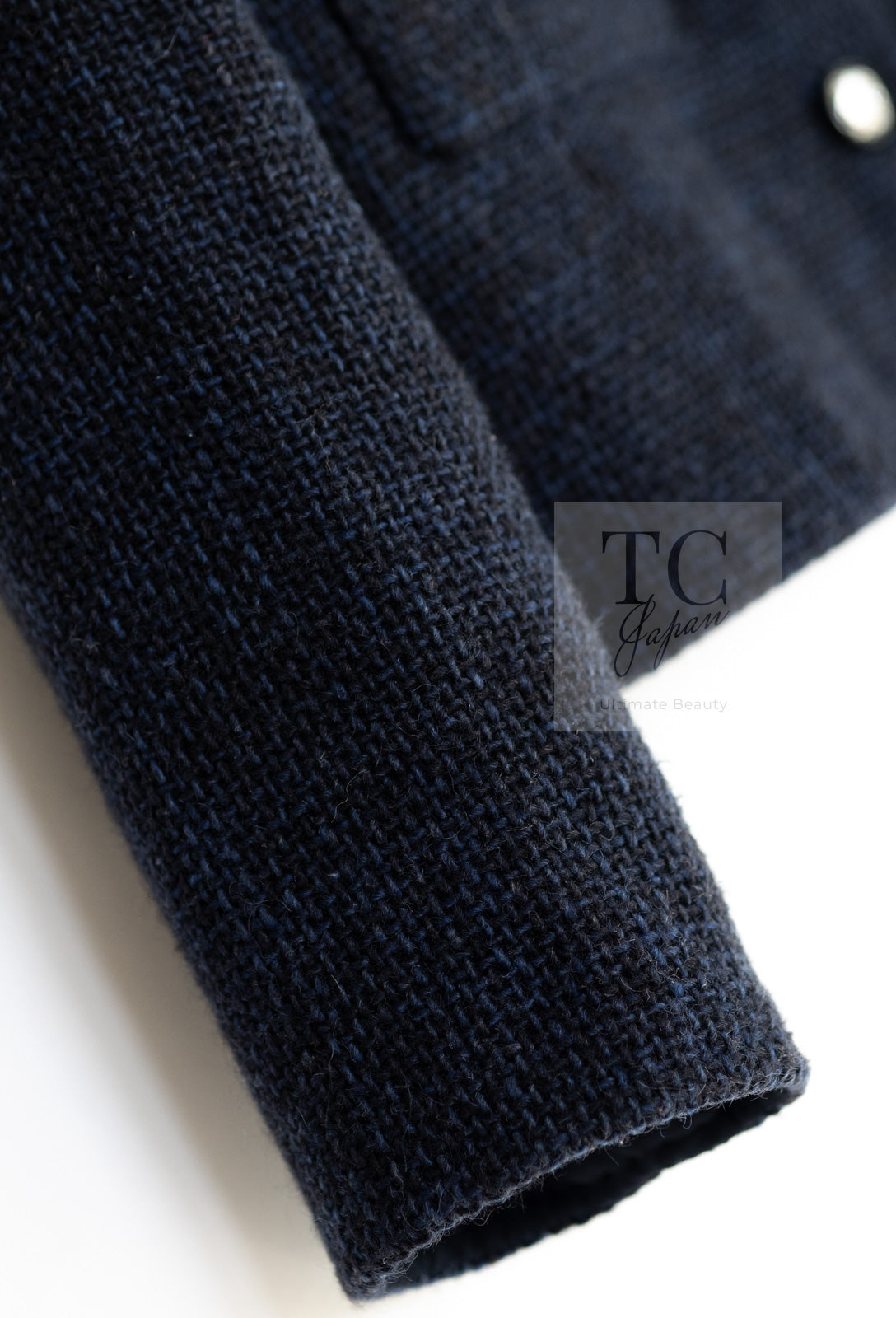 CHANEL 21B Black Navy CC Crystal Buttons Wool Tweed Jacket 36 シャネル ブラック ネイビー 紺 クリスタル CC ロゴ ボタン ウール ツイード ジャケット 即発