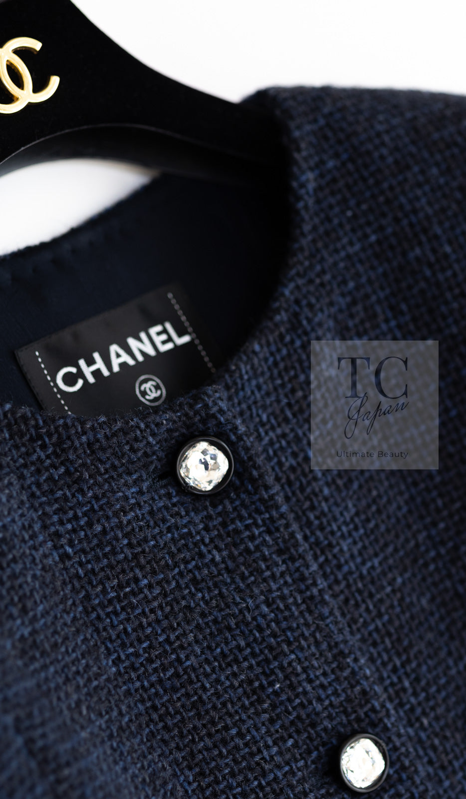 CHANEL 21B Black Navy CC Crystal Buttons Wool Tweed Jacket 36 シャネル ブラック ネイビー 紺 クリスタル CC ロゴ ボタン ウール ツイード ジャケット 即発