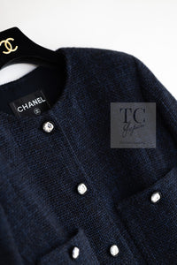 CHANEL 21B Black Navy CC Crystal Buttons Wool Tweed Jacket 36 シャネル ブラック ネイビー 紺 クリスタル CC ロゴ ボタン ウール ツイード ジャケット 即発