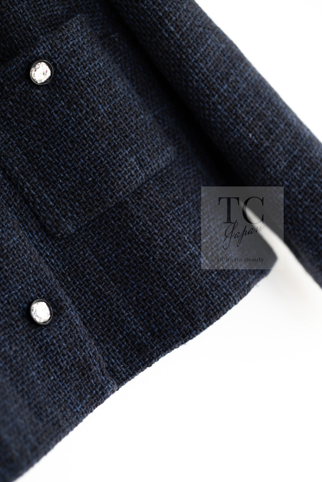 CHANEL 21B Black Navy CC Crystal Buttons Wool Tweed Jacket 36 シャネル ブラック ネイビー 紺 クリスタル CC ロゴ ボタン ウール ツイード ジャケット 即発