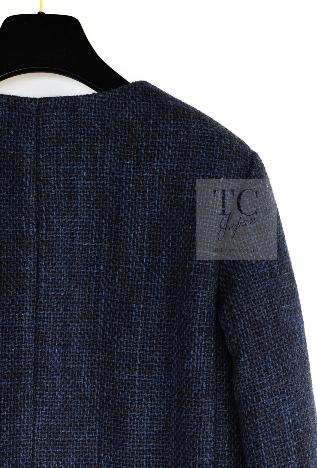 CHANEL 21B Black Navy CC Crystal Buttons Wool Tweed Jacket 36 シャネル ブラック ネイビー 紺 クリスタル CC ロゴ ボタン ウール ツイード ジャケット 即発