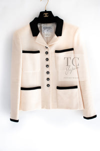 CHANEL 96S Creme Ivory Black Trim Wool Tweed Jacket 42 シャネル クリーム アイボリー ブラック トリム ウール ツイード ジャケット 即発