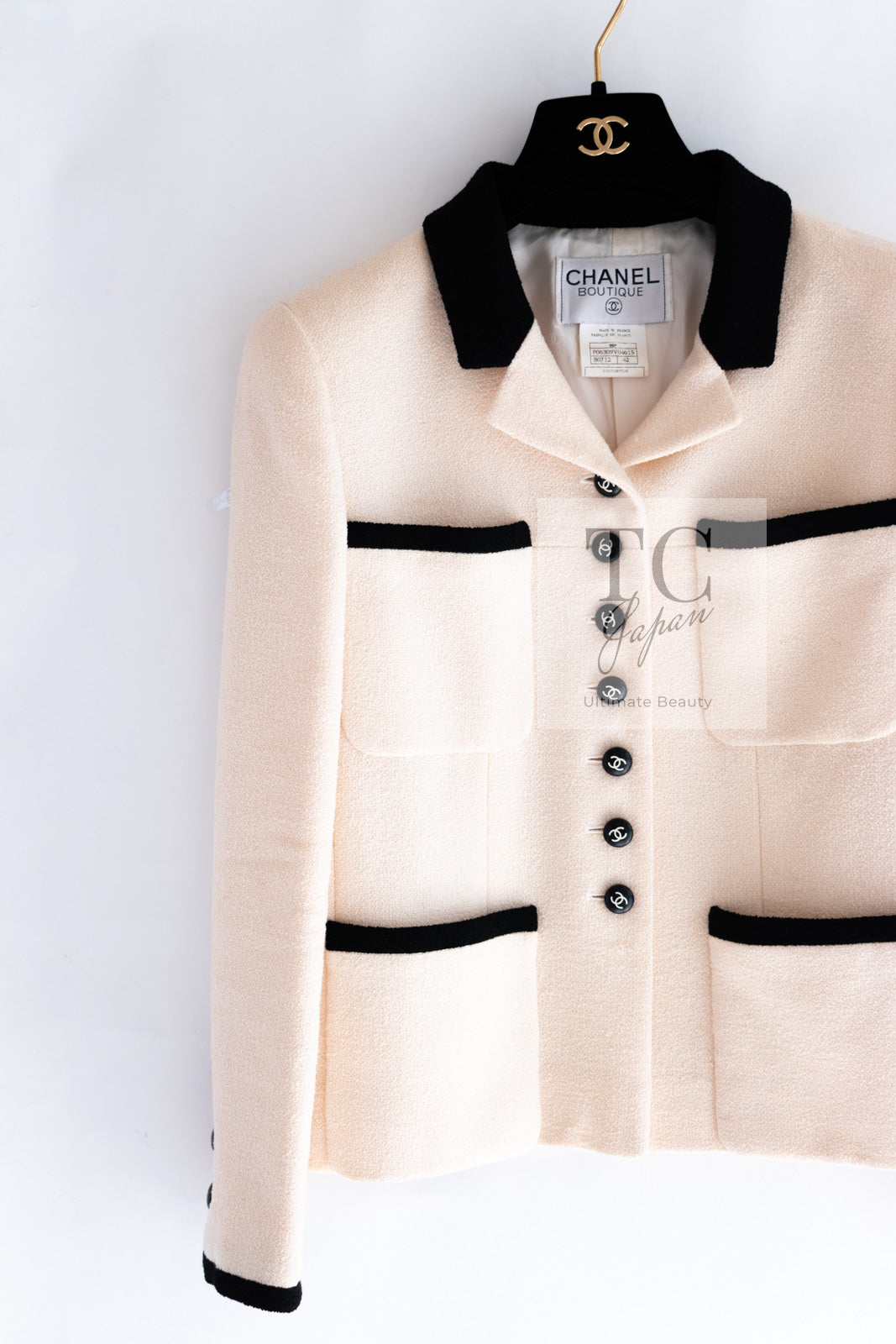 CHANEL 96S Creme Ivory Black Trim Wool Tweed Jacket 42 シャネル クリーム アイボリー ブラック トリム ウール ツイード ジャケット 即発