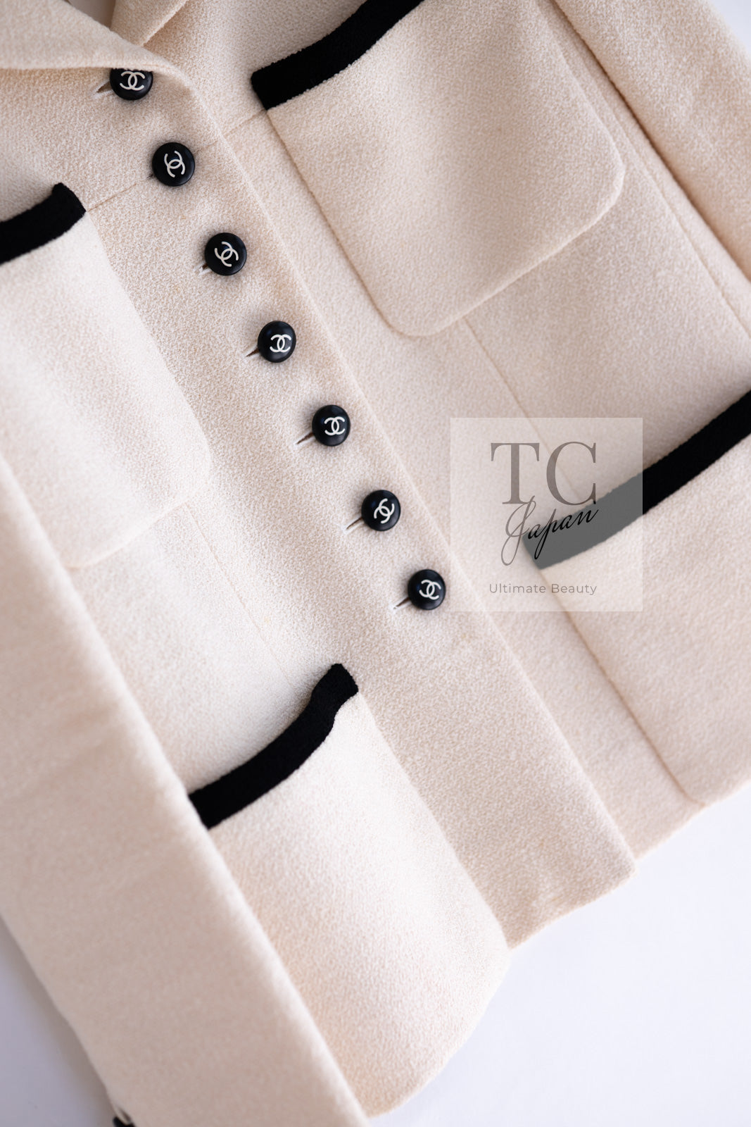 CHANEL 96S Creme Ivory Black Trim Wool Tweed Jacket 42 シャネル クリーム アイボリー ブラック トリム ウール ツイード ジャケット 即発