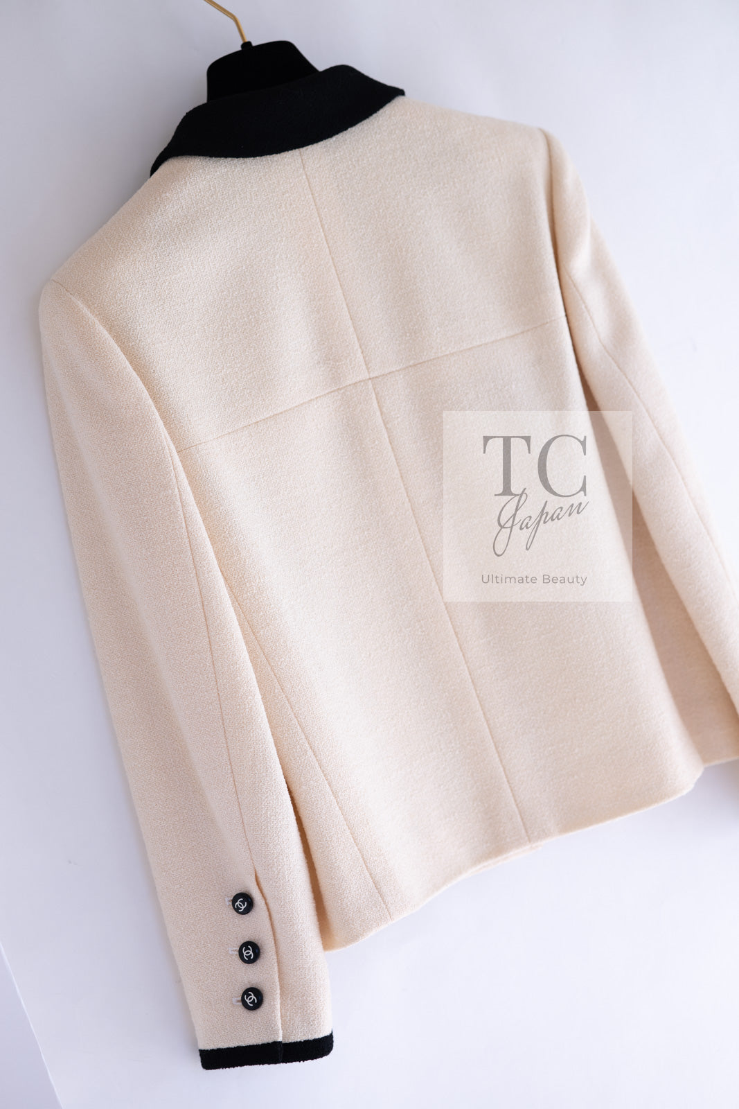 CHANEL 96S Creme Ivory Black Trim Wool Tweed Jacket 42 シャネル クリーム アイボリー ブラック トリム ウール ツイード ジャケット 即発