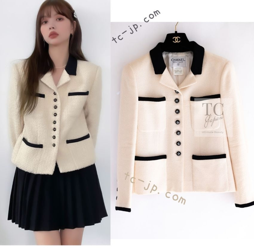 CHANEL 96S Creme Ivory Black Trim Wool Tweed Jacket 42 シャネル クリーム アイボリー ブラック トリム ウール ツイード ジャケット 即発