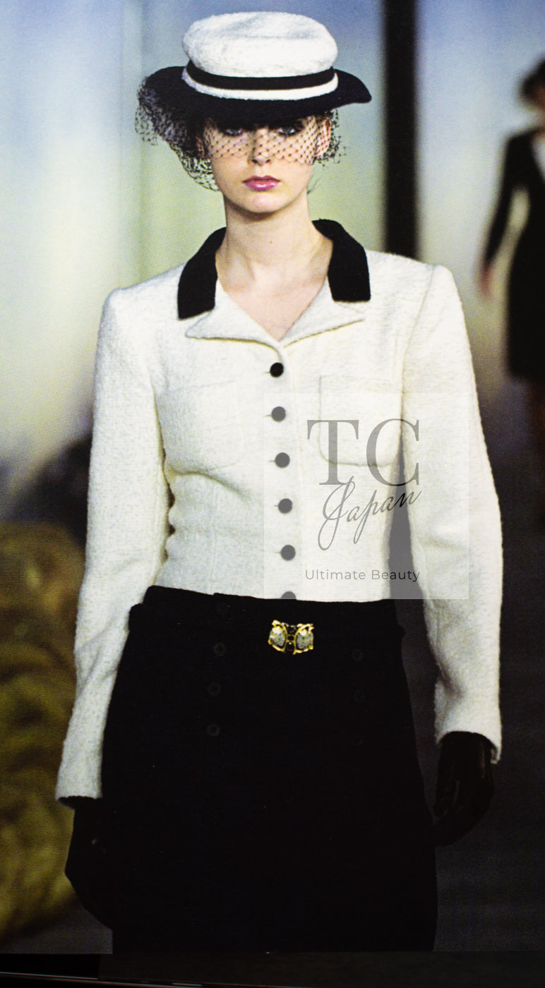 CHANEL 96S Creme Ivory Black Trim Wool Tweed Jacket 42 シャネル クリーム アイボリー ブラック トリム ウール ツイード ジャケット 即発