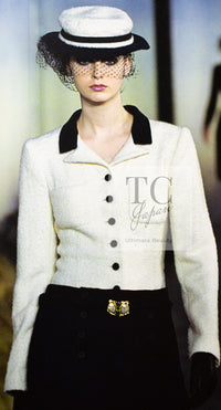 CHANEL 96S Creme Ivory Black Trim Wool Tweed Jacket 42 シャネル クリーム アイボリー ブラック トリム ウール ツイード ジャケット 即発