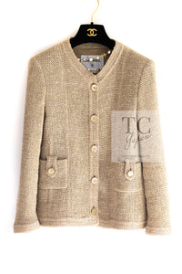 CHANEL 16C Beige CC Pearl Buttons Cotton Collarless Jacket 36 38 シャネル 一番人気 ベージュ CC パール ボタン コットン ノーカラー ジャケット 即発