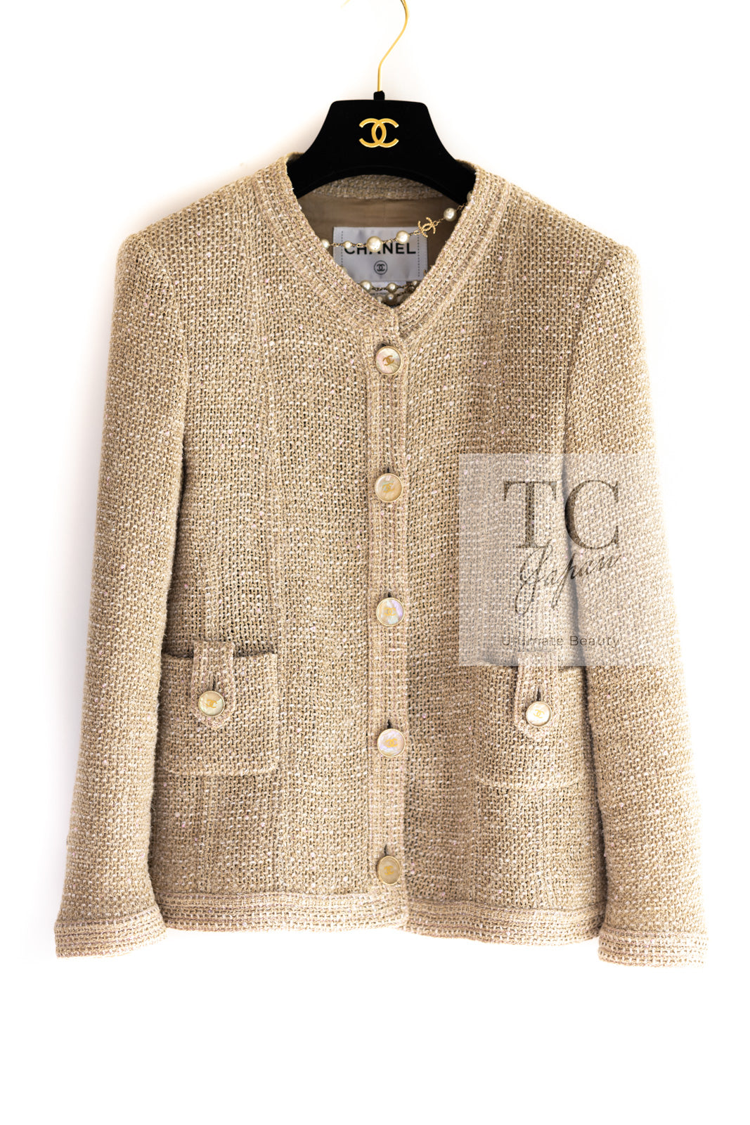 CHANEL 16C Beige CC Pearl Buttons Cotton Collarless Jacket 36 38 シャネル 一番人気 ベージュ CC パール ボタン コットン ノーカラー ジャケット 即発