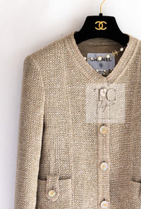 CHANEL 16C Beige CC Pearl Buttons Cotton Collarless Jacket 36 38 シャネル 一番人気 ベージュ CC パール ボタン コットン ノーカラー ジャケット 即発