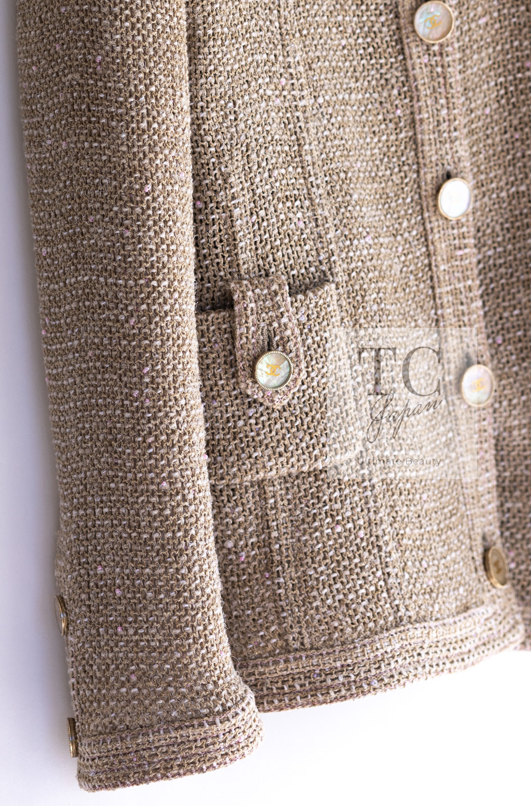 CHANEL 16C Beige CC Pearl Buttons Cotton Collarless Jacket 36 38 シャネル 一番人気 ベージュ CC パール ボタン コットン ノーカラー ジャケット 即発