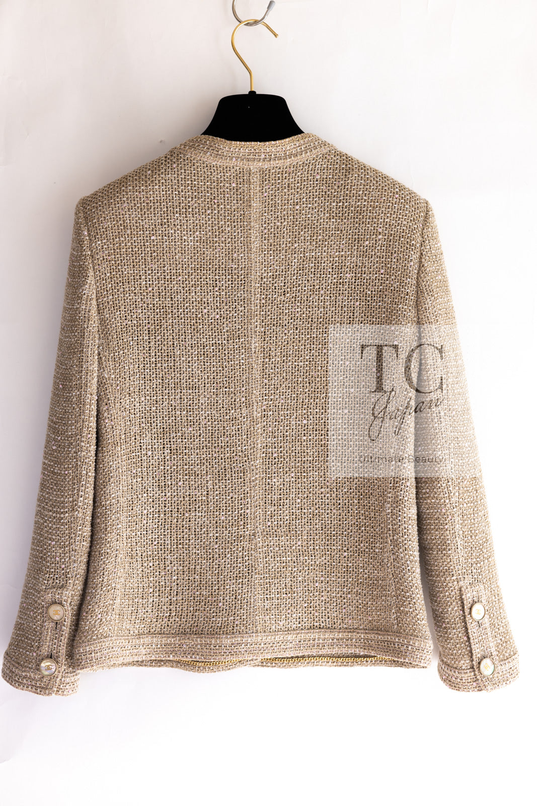 CHANEL 16C Beige CC Pearl Buttons Cotton Collarless Jacket 36 38 シャネル 一番人気 ベージュ CC パール ボタン コットン ノーカラー ジャケット 即発