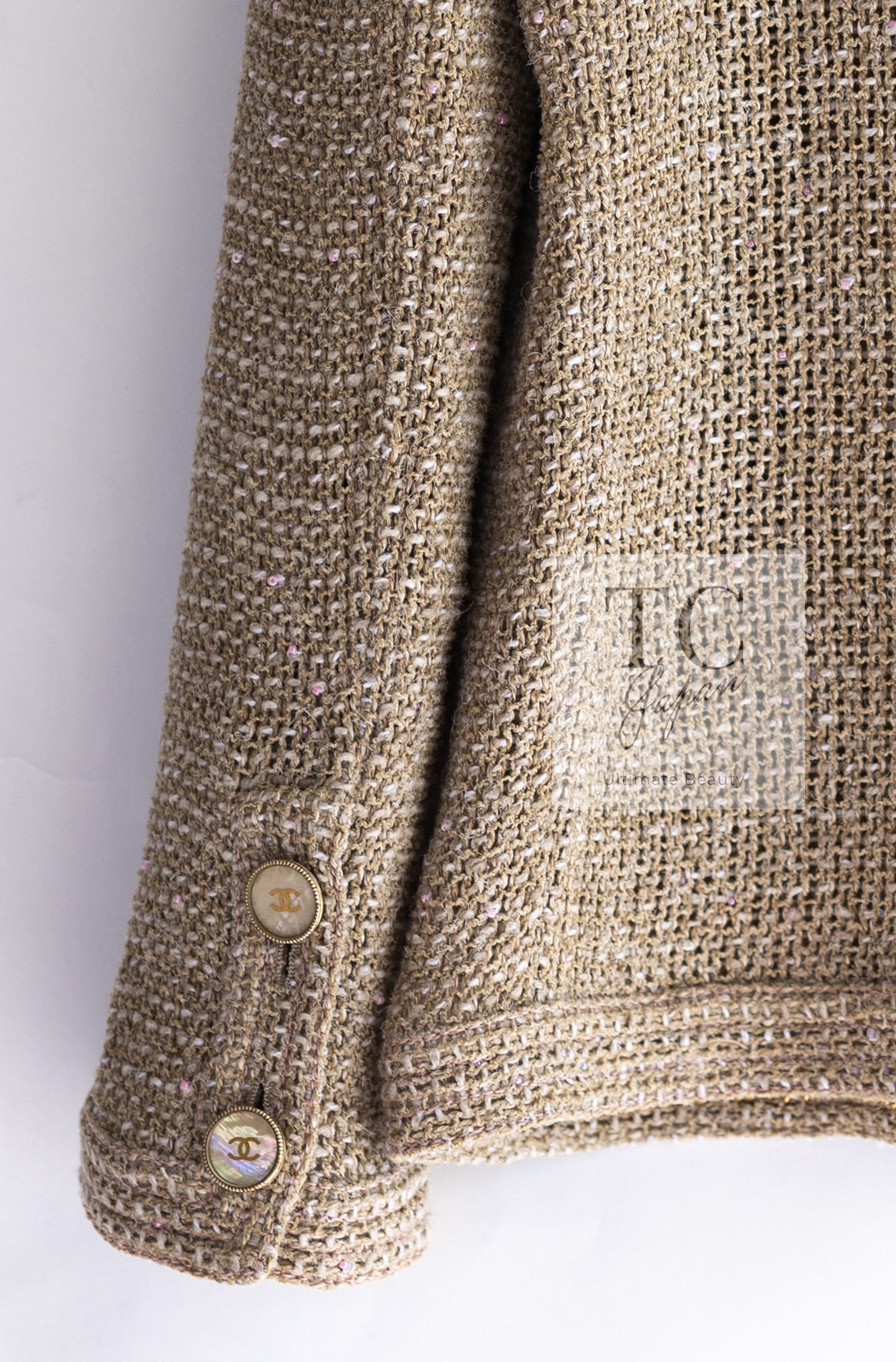 CHANEL 16C Beige CC Pearl Buttons Cotton Collarless Jacket 36 38 シャネル 一番人気 ベージュ CC パール ボタン コットン ノーカラー ジャケット 即発