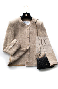 CHANEL 16C Beige CC Pearl Buttons Cotton Collarless Jacket 36 38 シャネル 一番人気 ベージュ CC パール ボタン コットン ノーカラー ジャケット 即発