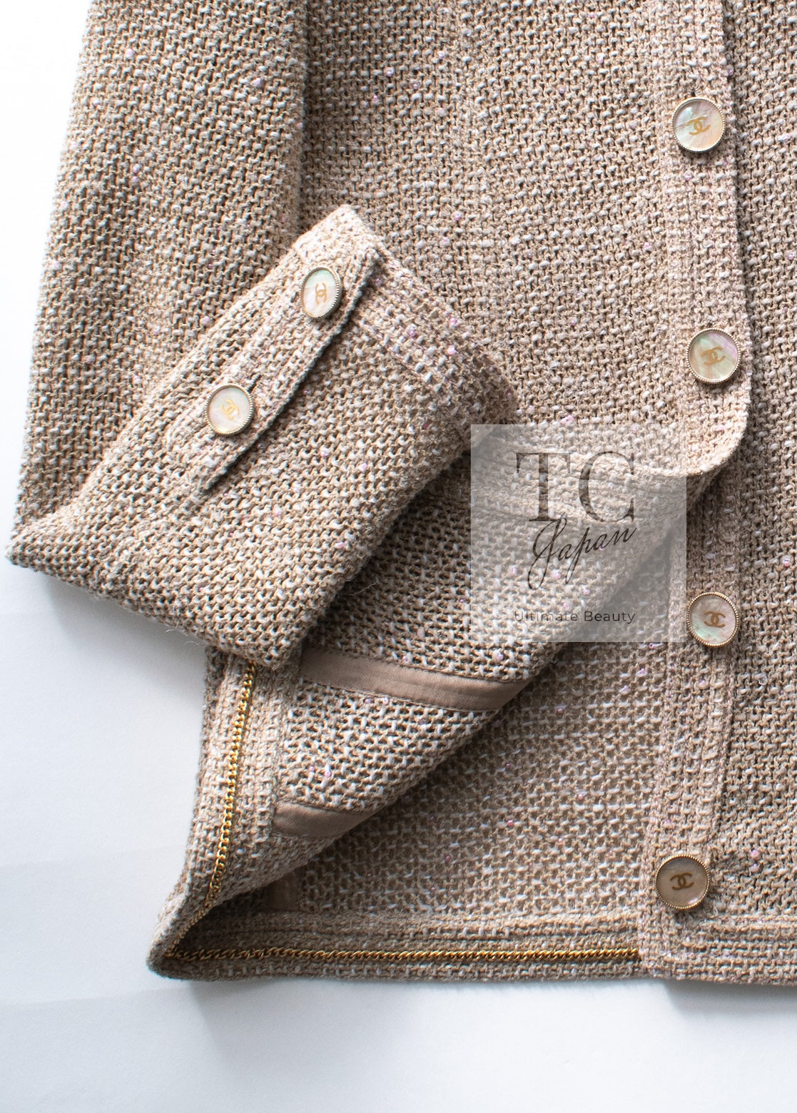 CHANEL 16C Beige CC Pearl Buttons Cotton Collarless Jacket 36 38 シャネル 一番人気 ベージュ CC パール ボタン コットン ノーカラー ジャケット 即発