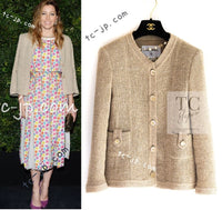 CHANEL 16C Beige CC Pearl Buttons Cotton Collarless Jacket 36 38 シャネル 一番人気 ベージュ CC パール ボタン コットン ノーカラー ジャケット 即発