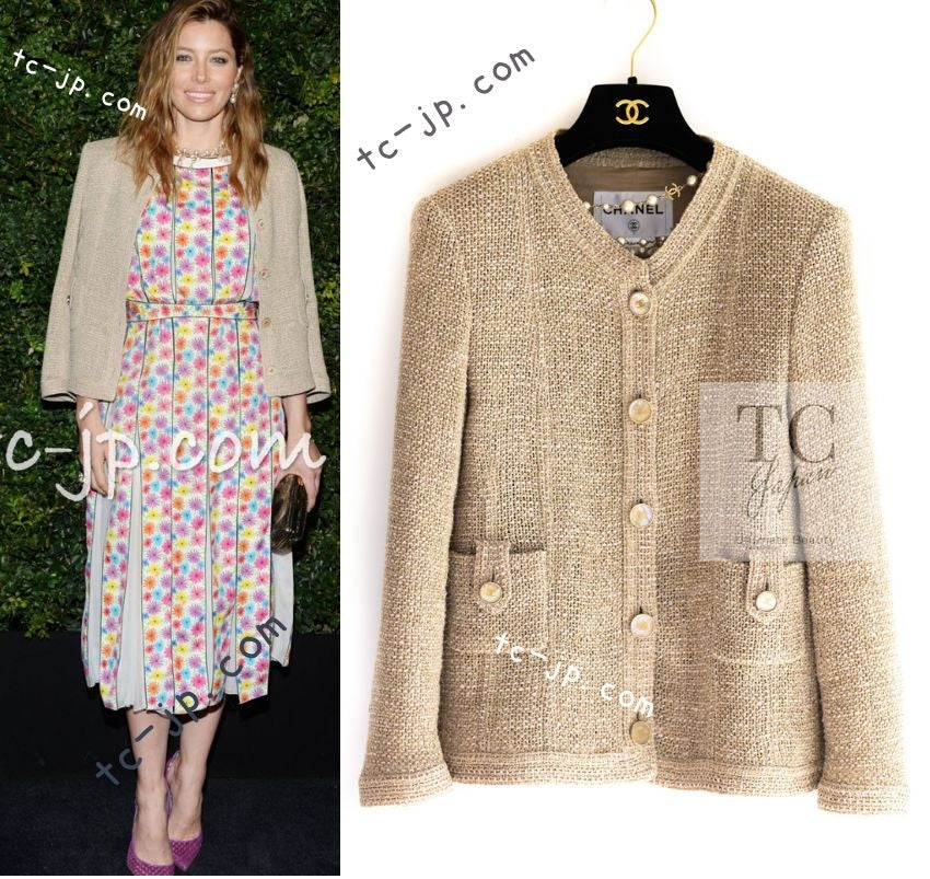 CHANEL 16C Beige CC Pearl Buttons Cotton Collarless Jacket 36 38 シャネル 一番人気 ベージュ CC パール ボタン コットン ノーカラー ジャケット 即発