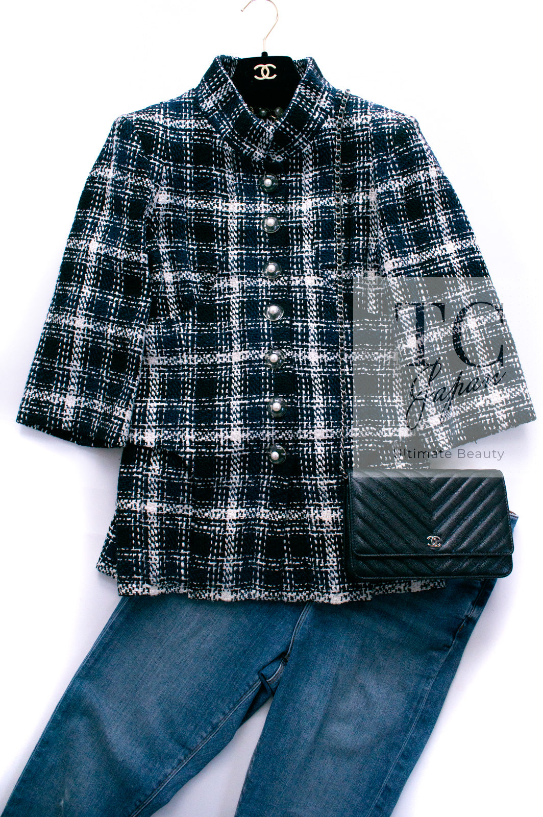 CHANEL 18S Navy Ivory Checked Cotton Tweed Jacket 36 シャネル ネイビー アイボリー チェック コットン ツイード ジャケット 即発