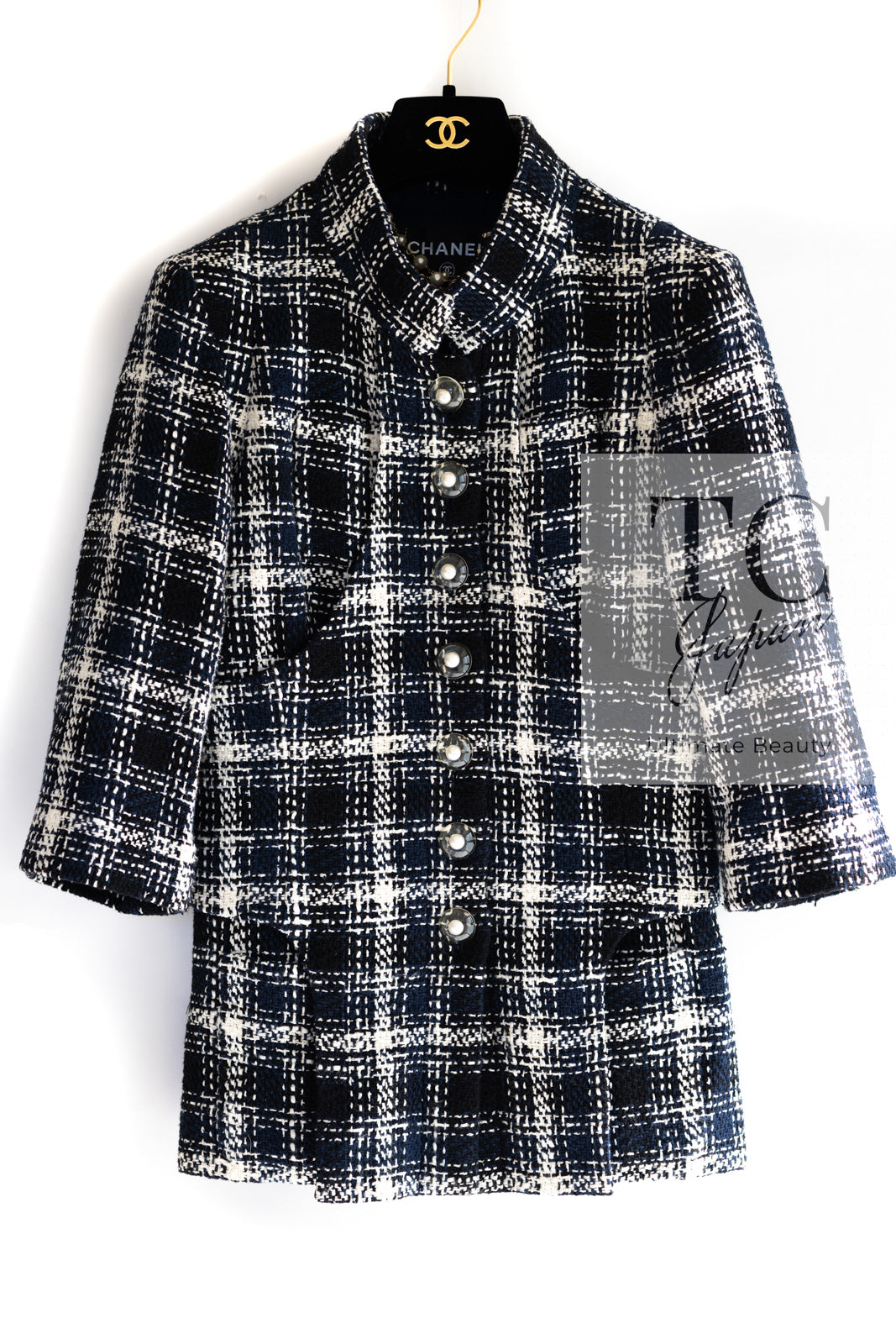 CHANEL 18S Navy Ivory Checked Cotton Tweed Jacket 36 シャネル ネイビー アイボリー チェック コットン ツイード ジャケット 即発