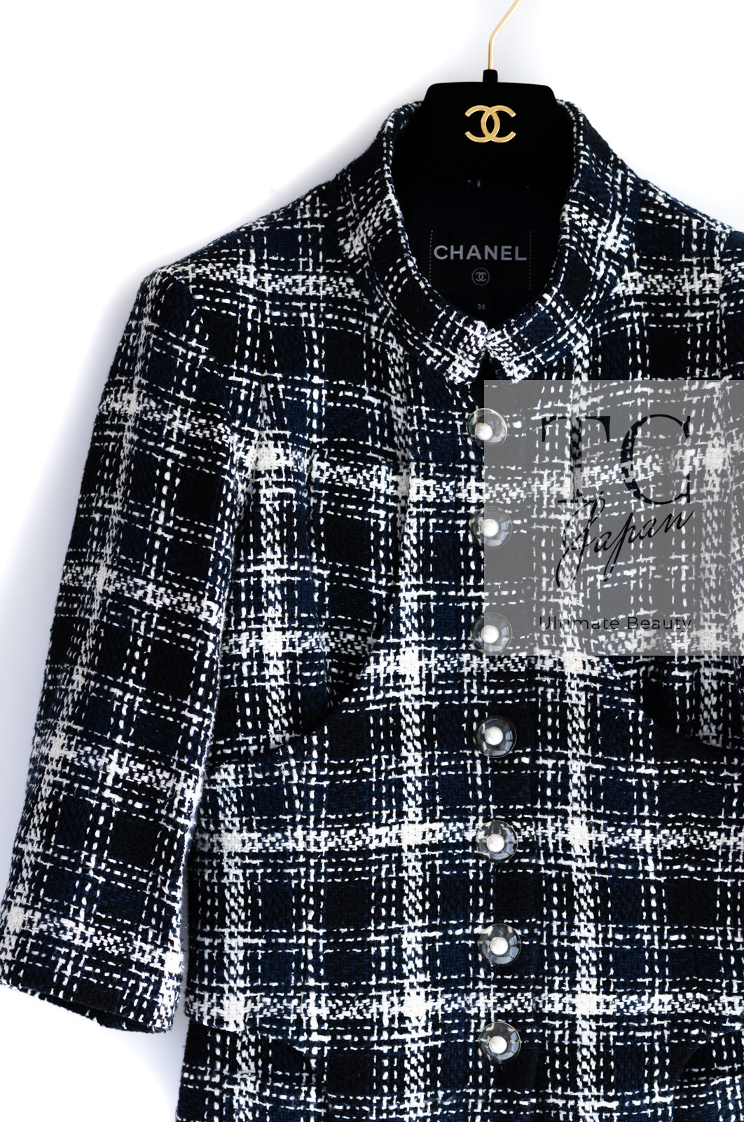 CHANEL 18S Navy Ivory Checked Cotton Tweed Jacket 36 シャネル ネイビー アイボリー チェック コットン ツイード ジャケット 即発
