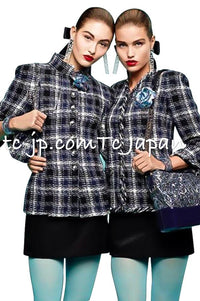 CHANEL 18S Navy Ivory Checked Cotton Tweed Jacket 36 シャネル ネイビー アイボリー チェック コットン ツイード ジャケット 即発