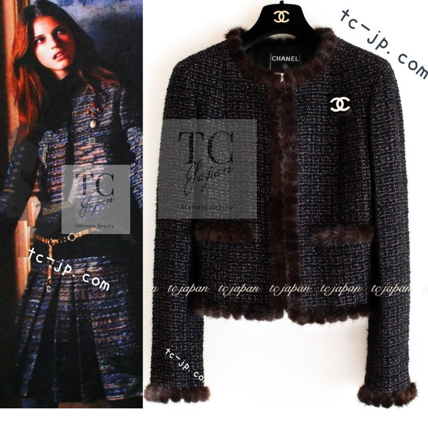 CHANEL 03A Brown Metallic Mink Fur Trim Tweed Jacket 36 38 シャネル ブラウン メタリック ミンクファー トリム ツイード ジャケット 即発