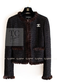 CHANEL 03A Brown Metallic Mink Fur Trim Tweed Jacket 36 38 シャネル ブラウン メタリック ミンクファー トリム ツイード ジャケット 即発