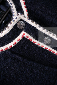 CHANEL 18PA Dark Navy Red Ivory Tricolor Braid Trim Wool Tweed Jacket Coat 38 シャネル ダーク ネイビー レッド アイボリー トリコロール ブレード トリム ウール ジャケット コート 即発