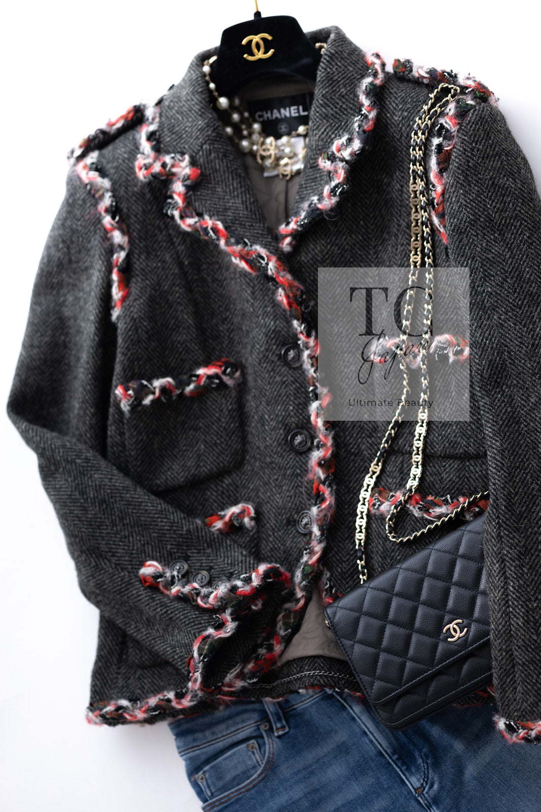 CHANEL 13PF Gray Black Trim Wool Tweed Jacket 38 40 シャネル グレー ブラック トリミング ウール ツイード ジャケット 即発