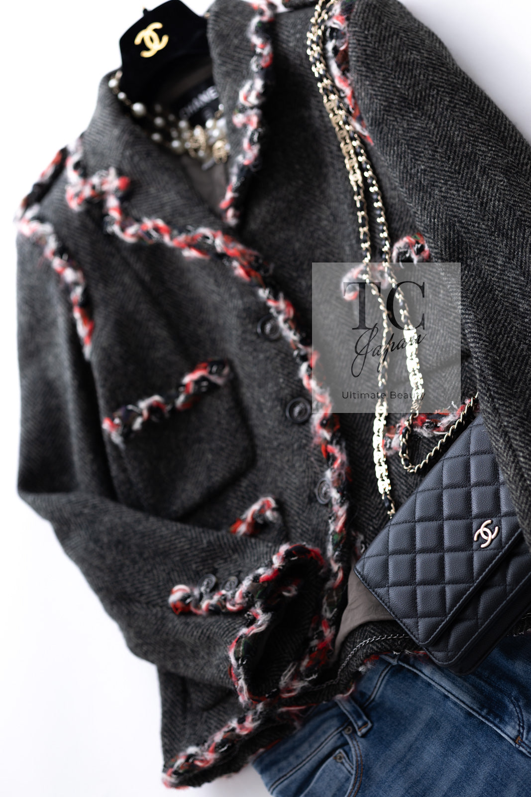 CHANEL 13PF Gray Black Trim Wool Tweed Jacket 38 40 シャネル グレー ブラック トリミング ウール ツイード ジャケット 即発
