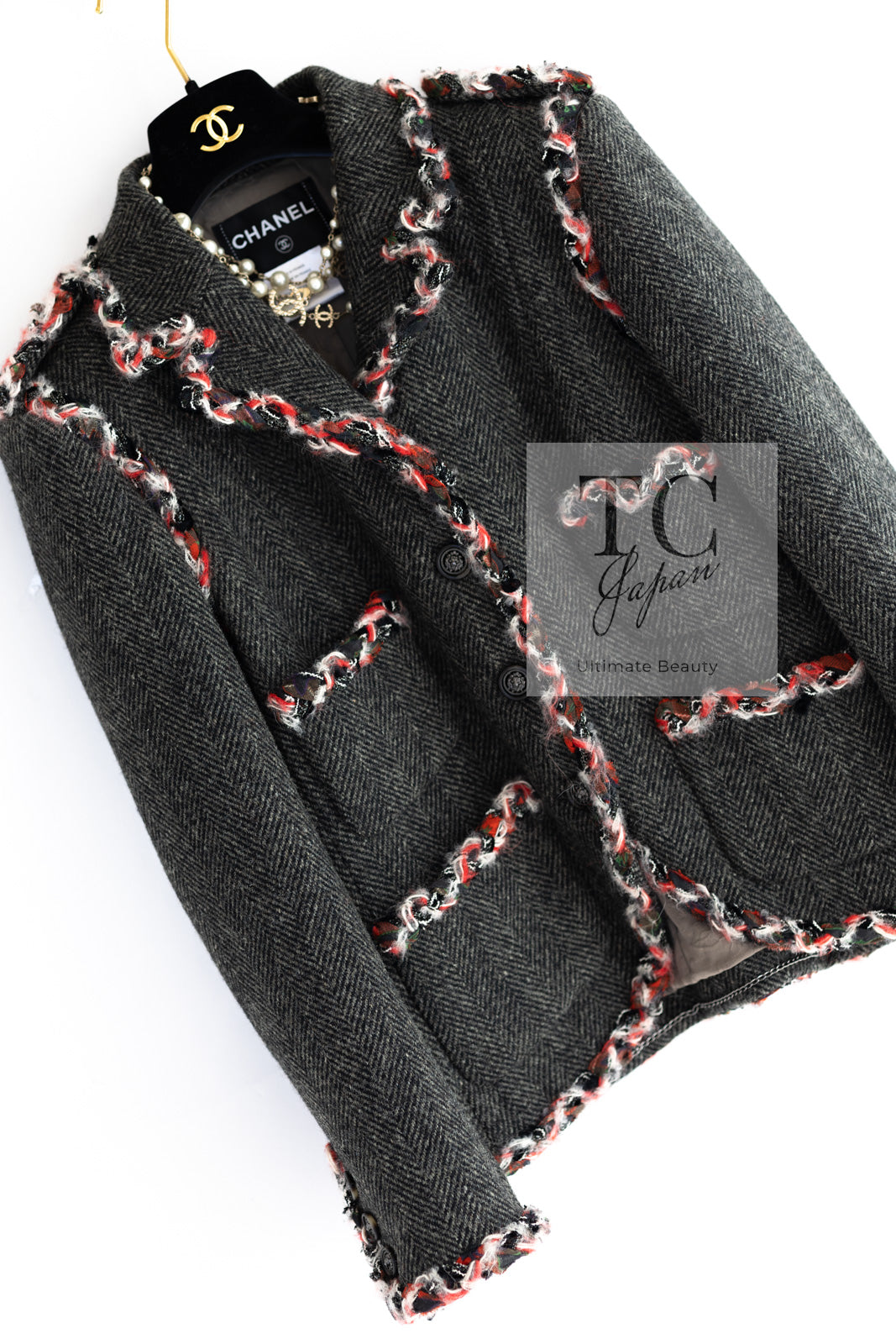 CHANEL 13PF Gray Black Trim Wool Tweed Jacket 38 40 シャネル グレー ブラック トリミング ウール ツイード ジャケット 即発