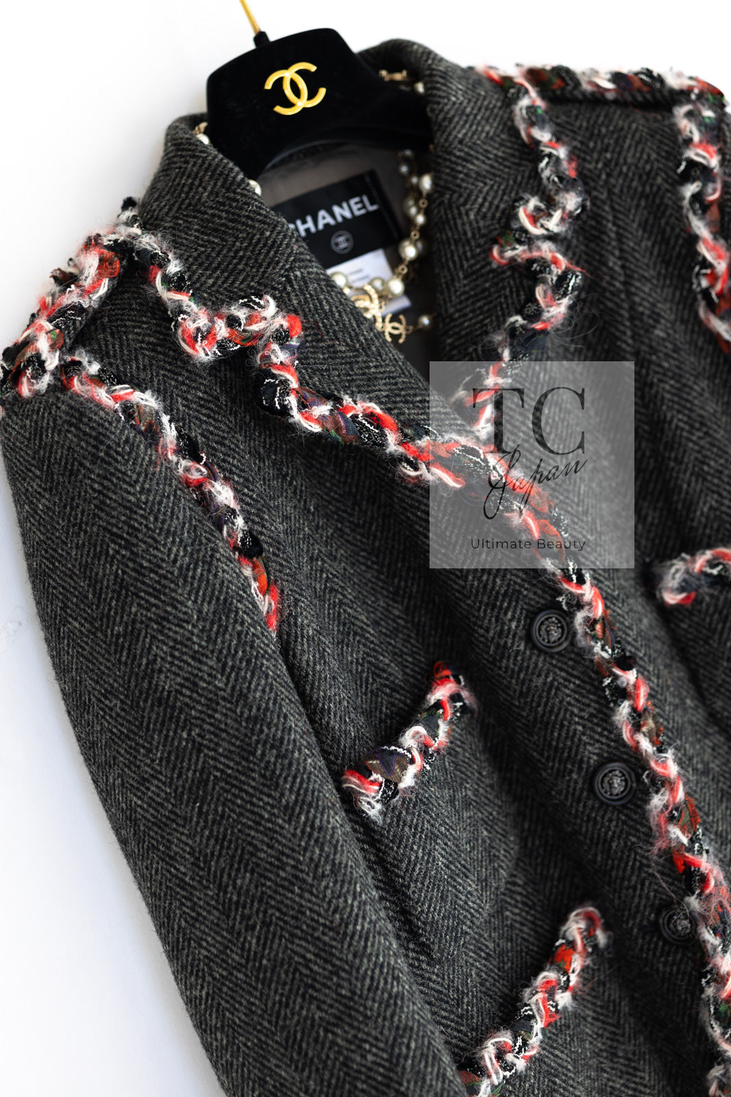 CHANEL 13PF Gray Black Trim Wool Tweed Jacket 38 40 シャネル グレー ブラック トリミング ウール ツイード ジャケット 即発