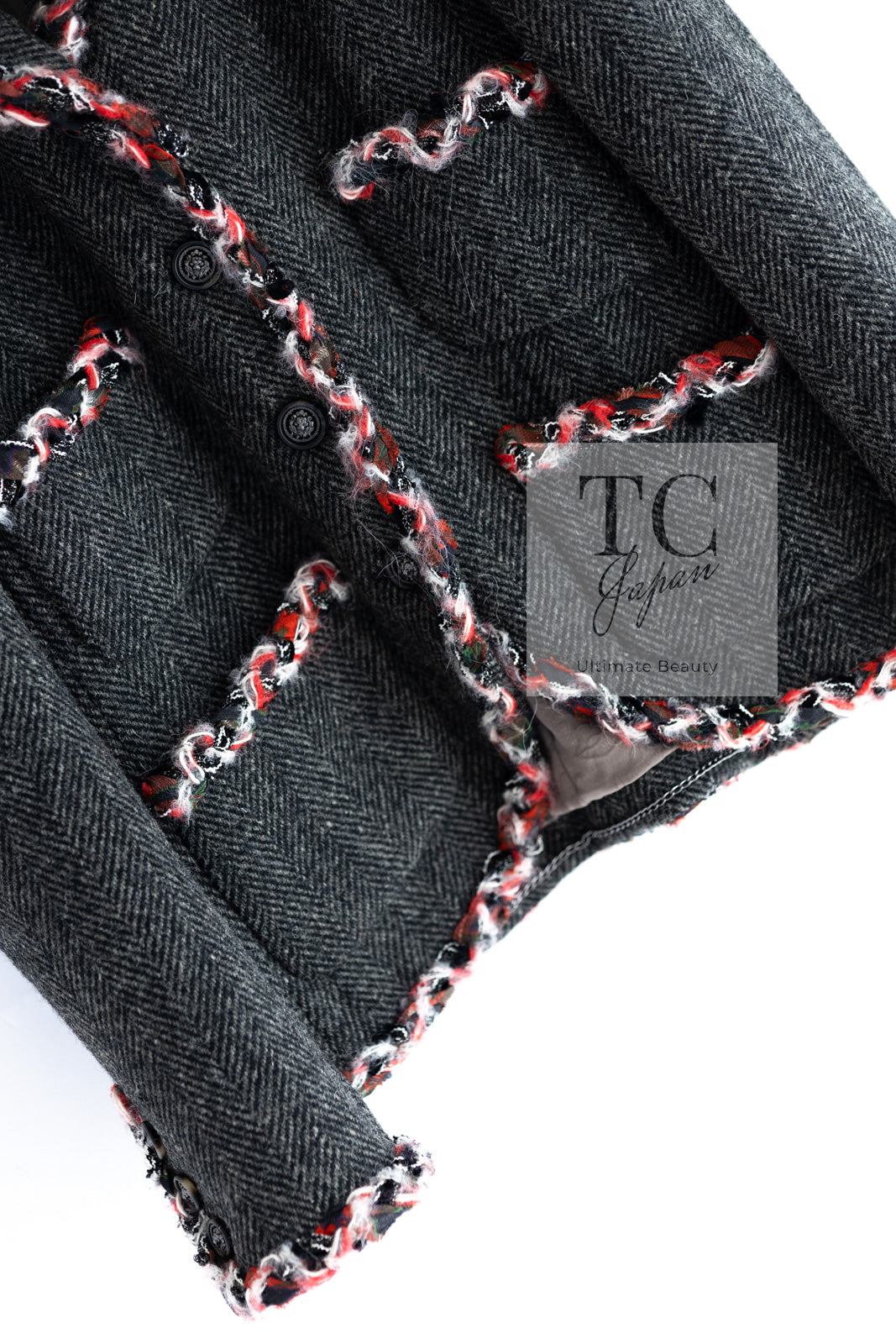CHANEL 13PF Gray Black Trim Wool Tweed Jacket 38 40 シャネル グレー ブラック トリミング ウール ツイード ジャケット 即発