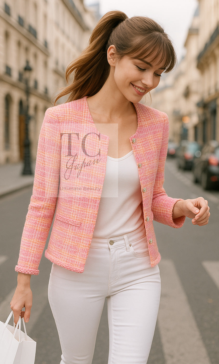 CHANEL 24C Pink Orange Collarless Tweed Jacket 38 シャネル ピンク オレンジ ノーカラー ツイード ジャケット 即発