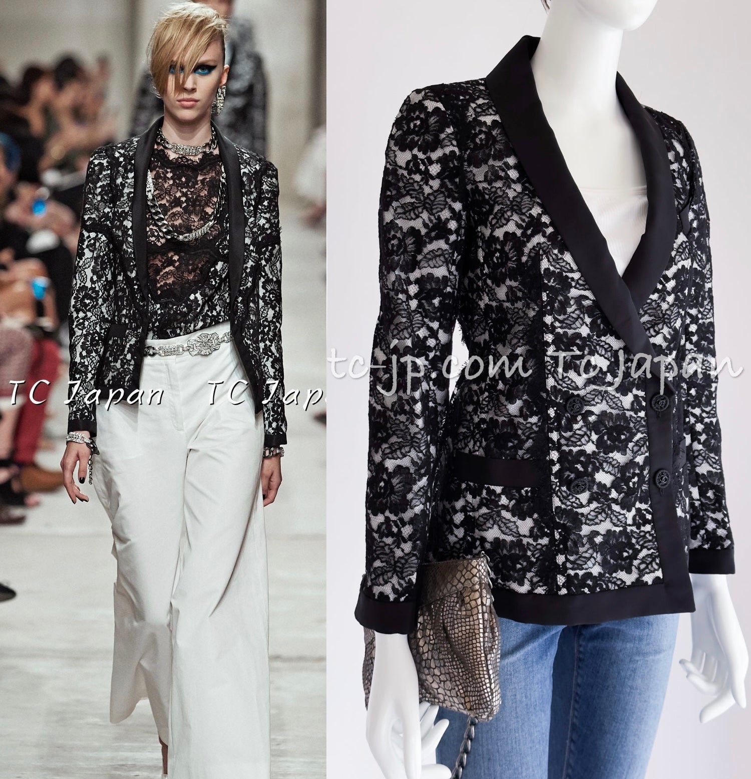 CHANEL 14C Black White Floral Lace Party Double Jacket 34 36 シャネル ブラック ホワイト フローラル レース パーティー ダブル ジャケット 即発
