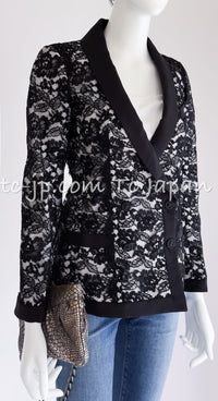 CHANEL 14C Black White Floral Lace Party Double Jacket 34 36 シャネル ブラック ホワイト フローラル レース パーティー ダブル ジャケット 即発