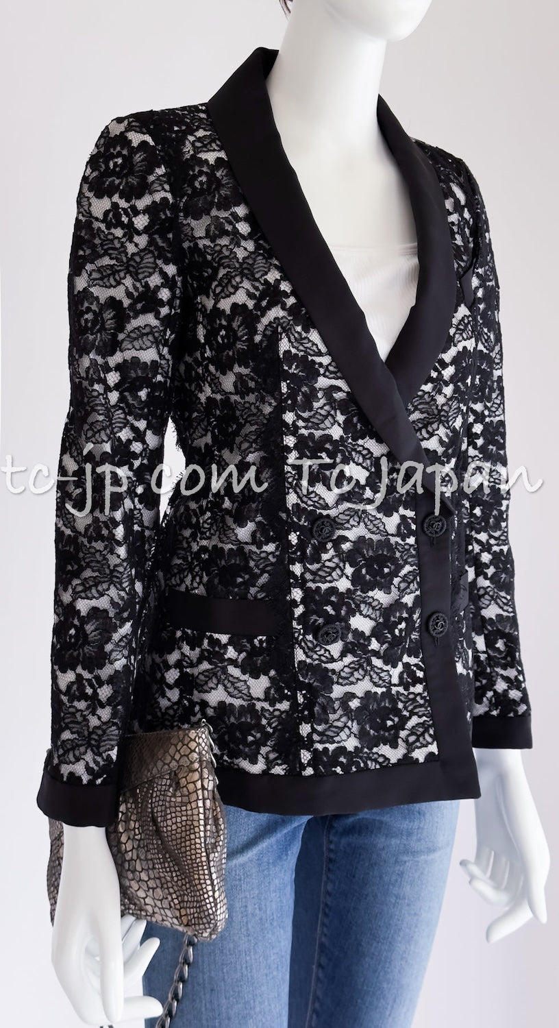 CHANEL 14C Black White Floral Lace Party Double Jacket 34 36 シャネル ブラック ホワイト フローラル レース パーティー ダブル ジャケット 即発