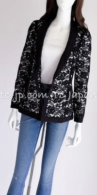 CHANEL 14C Black White Floral Lace Party Double Jacket 34 36 シャネル ブラック ホワイト フローラル レース パーティー ダブル ジャケット 即発