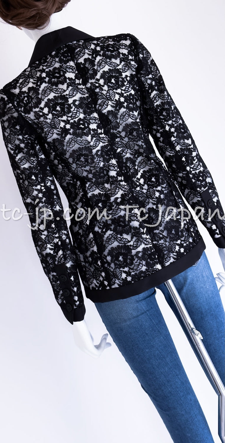 CHANEL 14C Black White Floral Lace Party Double Jacket 34 36 シャネル ブラック ホワイト フローラル レース パーティー ダブル ジャケット 即発