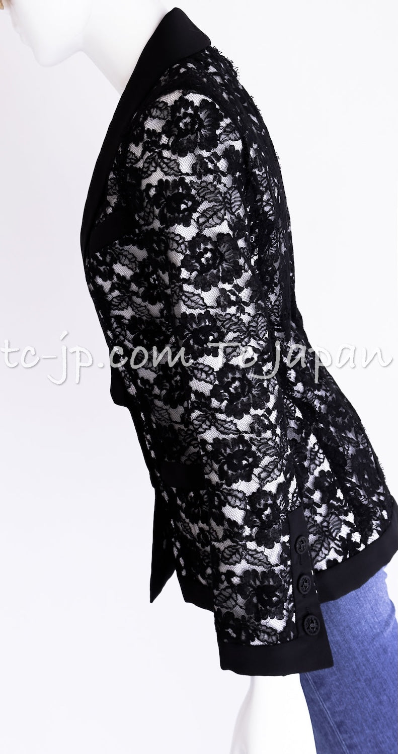 CHANEL 14C Black White Floral Lace Party Double Jacket 34 36 シャネル ブラック ホワイト フローラル レース パーティー ダブル ジャケット 即発